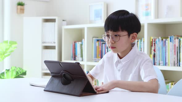 Boy communicating with teacher and friends while teaching video lessons at home through internet onl alt
