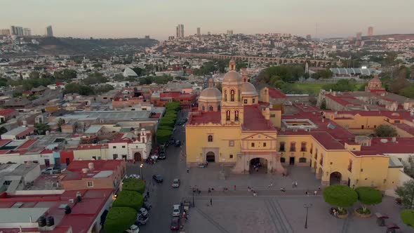 Panorama Of Temple and Convent Of The Holy Cross In Santiago de Querétaro, Mexico. Aerial alt