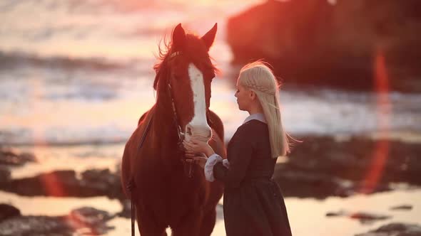 Princess in a Vintage Dress Walking with a Horse