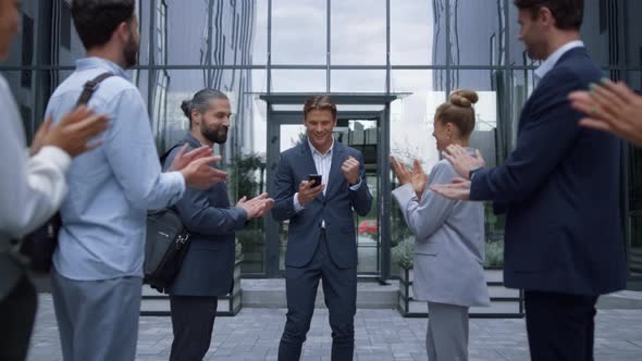 Joyful Businessman Read News Get Great Results in Email alt