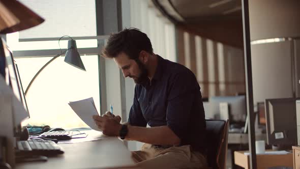 Businessman Working On Advocate Lawyer Office. Insurance Broker Overworked In Co-working. alt