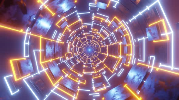 Hi-tech neon sci-fi tunnel. Metal squares form a tunnel. Flight through yellow and blue neon tunnel.