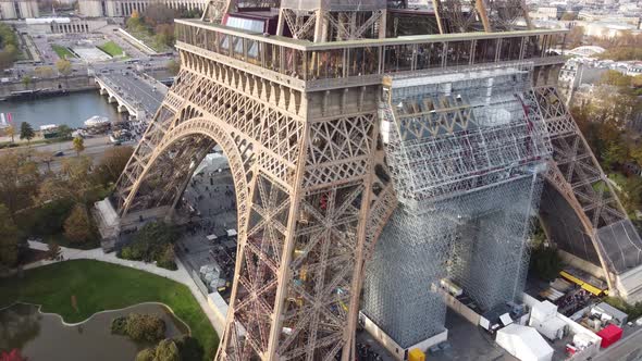 Drone Footage of the Eiffel Tower From the Side Along with Scaffolding