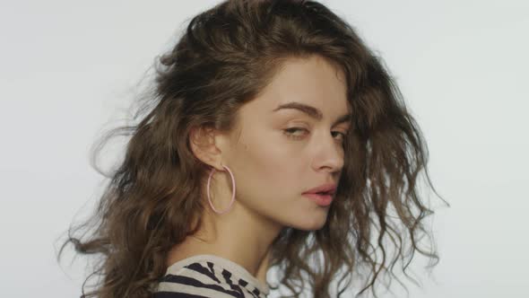 Woman Profile Portrait Blinks on White alt