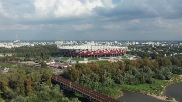 Panoramic Aerial drone view of The PGE Narodowy National Stadium - football stadium of Poland footba alt