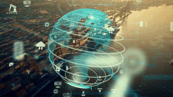 Shipping Harbor Aerial View with Graphic of Network Technology Modernization alt