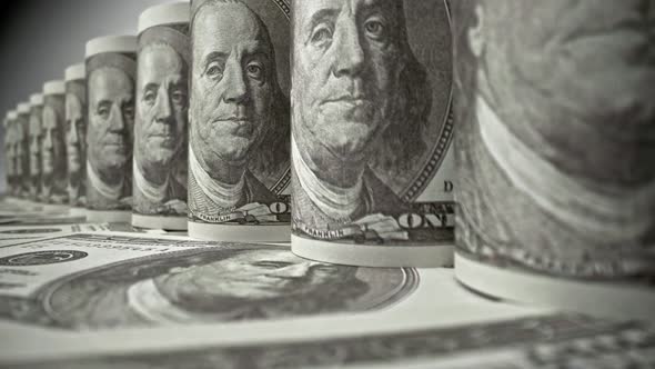 American one hundred dollar paper banknote in close up macro view dolly shot. alt