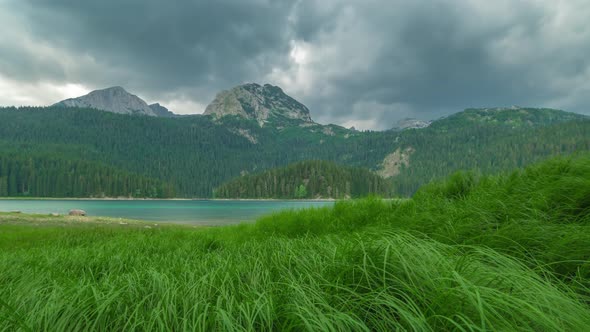 Beautiful Alpine Mountain Lake Gosausee with Green Grass View and Cloudy Sky in Austria Alps alt