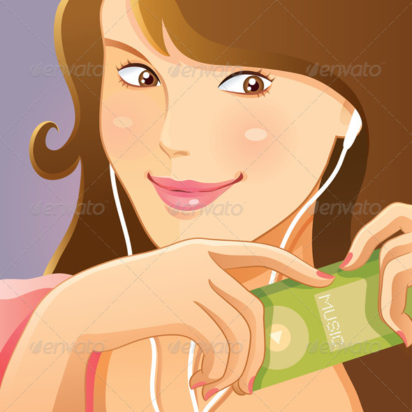 Cute Girl Listening Music - People Characters