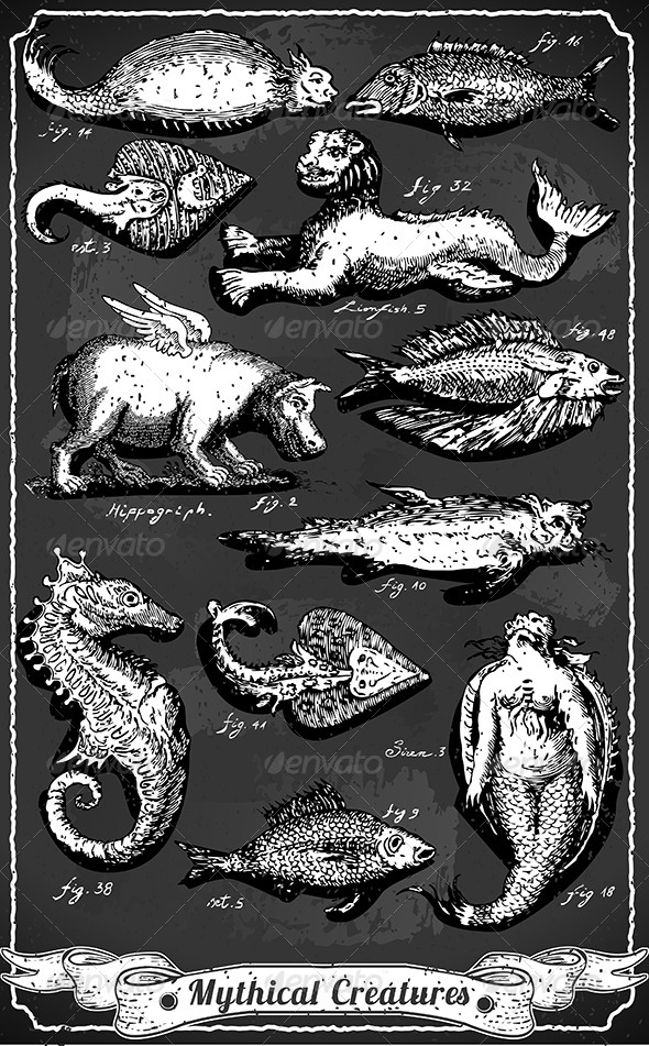 Vintage Set of Mythical Creatures on Blackboard - Animals Characters