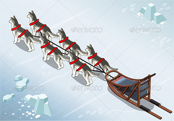 Isometric Sled Dogs in Rear View on Ice - Animals Characters