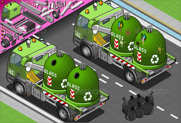 Isometric Glass Garbage Truck with Container - Objects Vectors