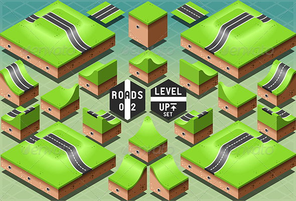 Isometric Roads on Two Levels Terrain - Buildings Objects