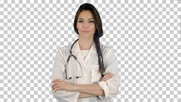 Attractive young female doctor in white, Alpha Channel