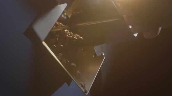 Brown Arabica Coffee Beans Fall From the Roaster Cooled in the Chiller alt