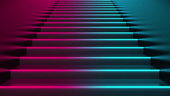 Escalator with neon lights Abstract background with rolling stairs LOOP