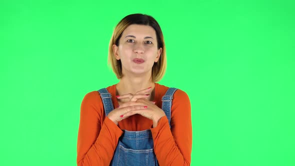 Girl with Wow Face Expression and Tender Smiling. Green Screen alt
