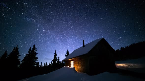 Time Lapse Milky Way Moving Over Mountain Hut and Pine Forest alt