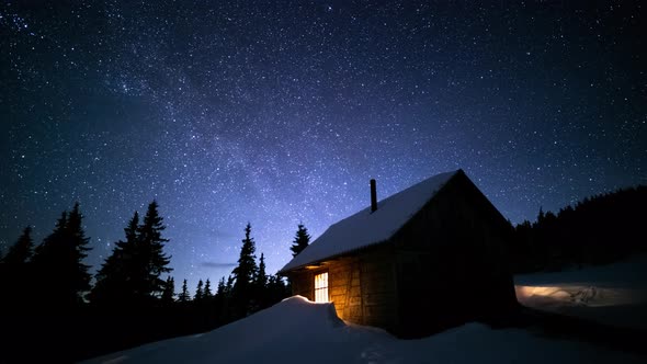 Time Lapse Milky Way Moving Over Mountain Hut and Pine Forest