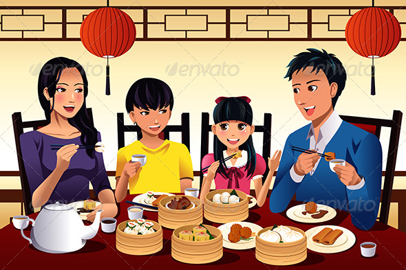 Chinese Family Eating Dim Sum - People Characters