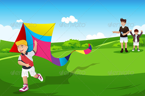 Boys Flying Kite with their Dad - Sports/Activity Conceptual