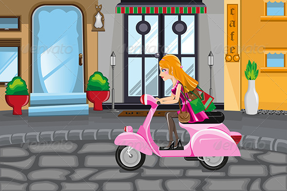 Modern Girl Riding a Scooter - People Characters