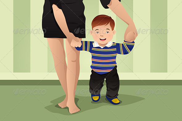 Mother Helping Her Baby Boy Learn to Walk - People Characters
