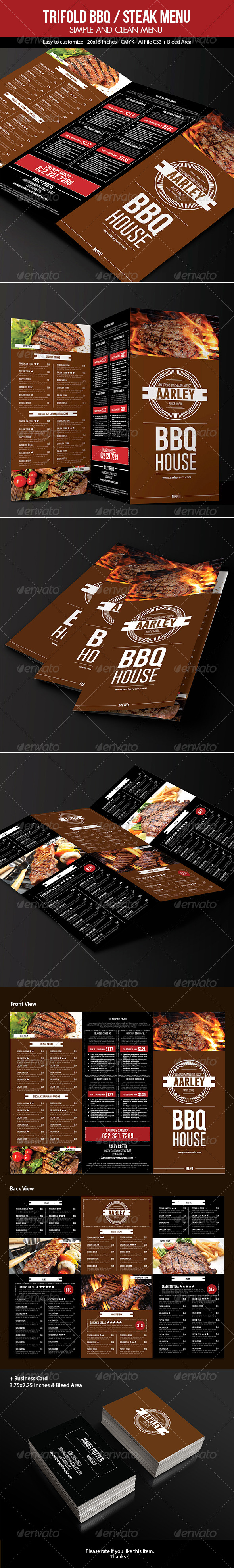 Trifold BBQ / Steak Menu + Business Card - Food Menus Print Templates