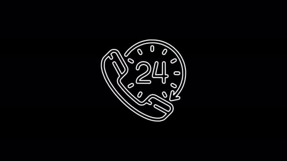 Telephone 24 hours support icon abstract seamless animation of 4k neon lines. Beautiful animation alt
