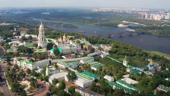 Beautiful, morning flight over the Kiev Pechersk Lavra. Summer in Kiev. alt