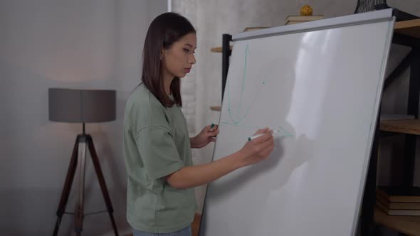 Side View of Focused Serious Busy Woman Drawing Graph on Whiteboard in Home Office alt