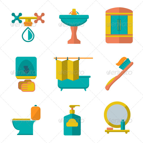 Set Flat Icons of Bathroom and Toilet - Man-made objects Objects