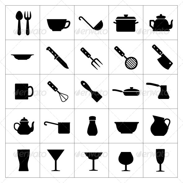 Set Icons of Dishware and Kitchen Accessories - Food Objects