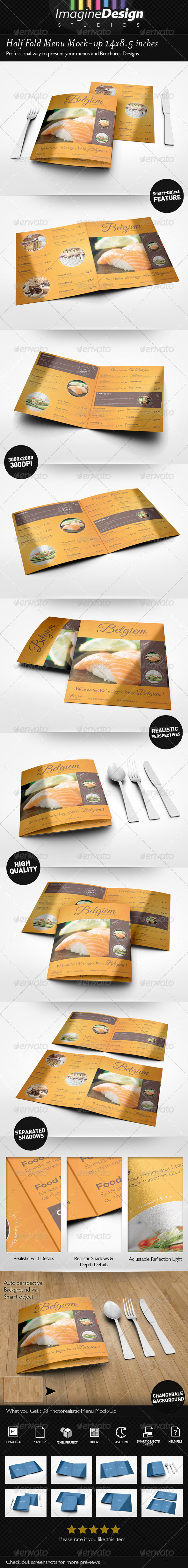 Half Fold Menu Mock-up 14x8.5 inches - Print Product Mock-Ups