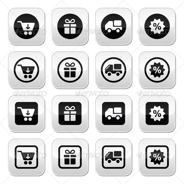 Shopping on Internet Black Buttons Set with Shadow - Retail Commercial / Shopping