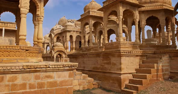 Bada Bagh Cenotaphs (Hindu Tomb Mausoleum) Made of Sandstone in Indian Thar Desert. Jaisalmer alt