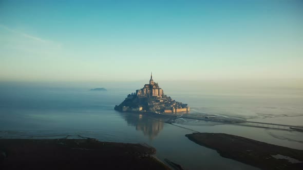 Drone Flying Towards Epic Sunrise Mont Saint Michel, Famous Island Fortress Castle Surrounded alt