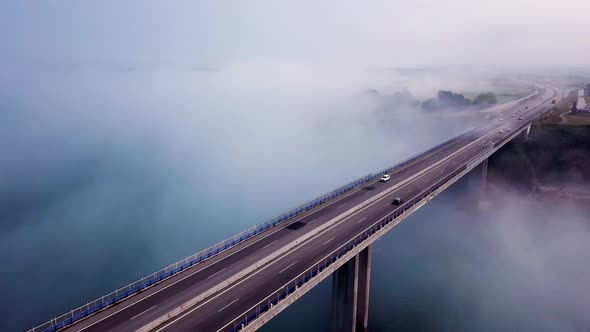 Aerial View on Dos Santos Bridge During Fog and Bay. Near Ribadeo in Northern Spain