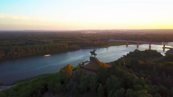 Aerial Panoramic View to Cultural Center of Ufa Capital of Bashkortostan at Beautiful Magic Hour