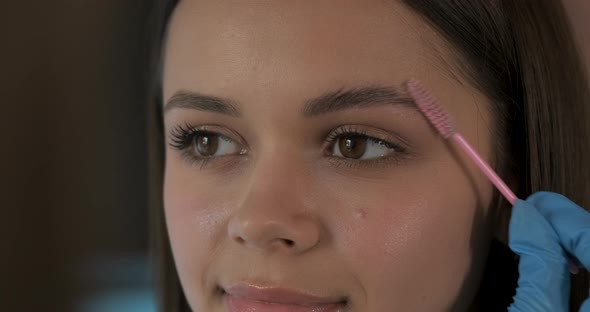 Close Up Beauty Artist Combs the Eyebrow to Young Woman Process of Cleaning Procedure at Salon
