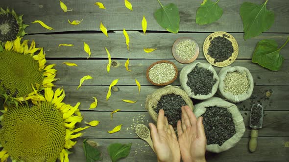Seeds and sunflowers on an old wooden table. Top view. alt