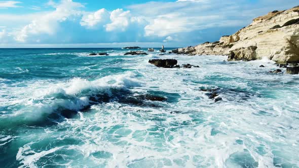 Sea Waves on the Coast Rocky Seashore in Stormy Weather Aerial View Over the Ocean Nature Cyprus alt