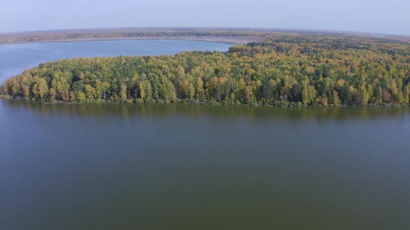 Aerial Footage of a Surface of the Lake Surrounded By Colorful Forest in Autumn.