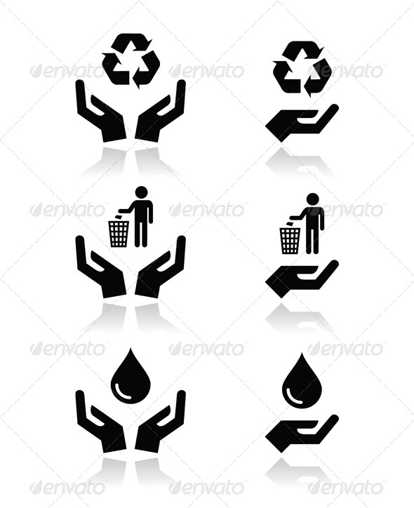 Hands with Green Ecology Symbols Icons Set - Industries Business