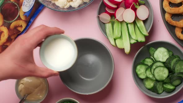 Flat Lay Food Cooking Chef Mixes Yogurt Salad Dressing  Prores 422