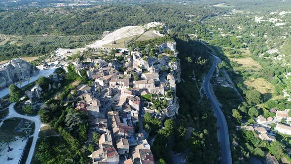 Village of Les Baux-de-Provence in Bouches-du-Rhone in France from the sky alt