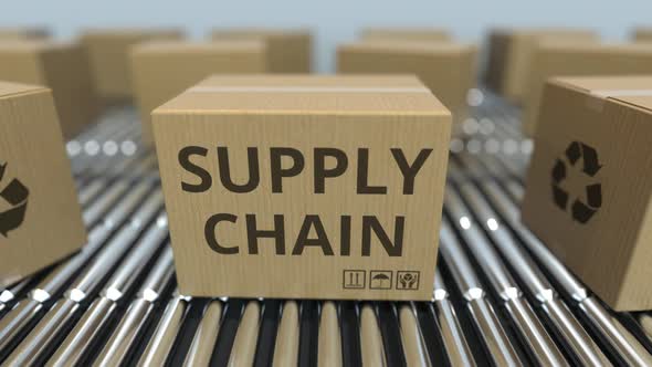 Carton Boxes with SUPPLY CHAIN Text Move on Conveyor alt