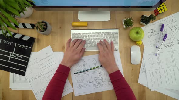 Video Production. Stage Director Working On Computer Flat Lay alt