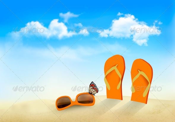 Flip Flops Sunglasses and a Butterfly on a Beach - Travel Conceptual