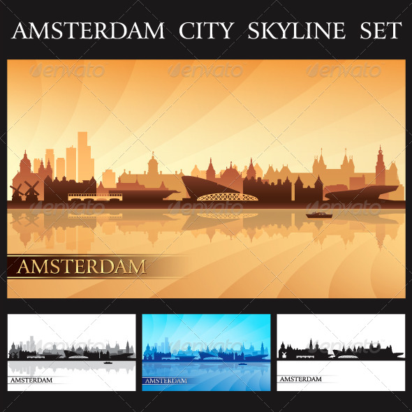 Amsterdam City Skyline Silhouettes Set - Backgrounds Decorative